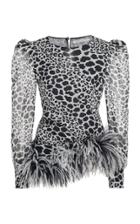 Moda Operandi Alessandra Rich Leo Print Silk Long Sleeves Top With Feather Trim