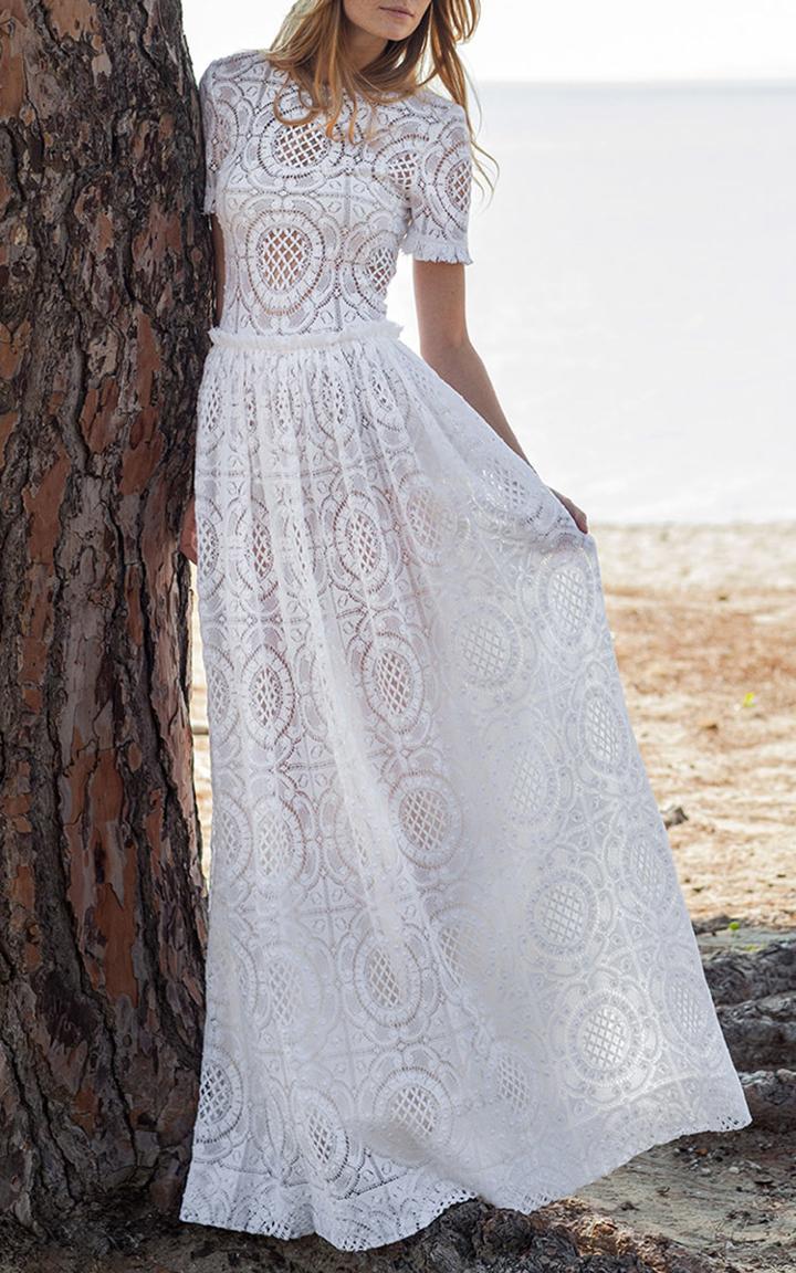 Costarellos Short Sleeve Cotton Lace Gown