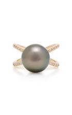 Mizuki One-of-a-kind Black Tahitian Pearl & Diamond Crossover Ring