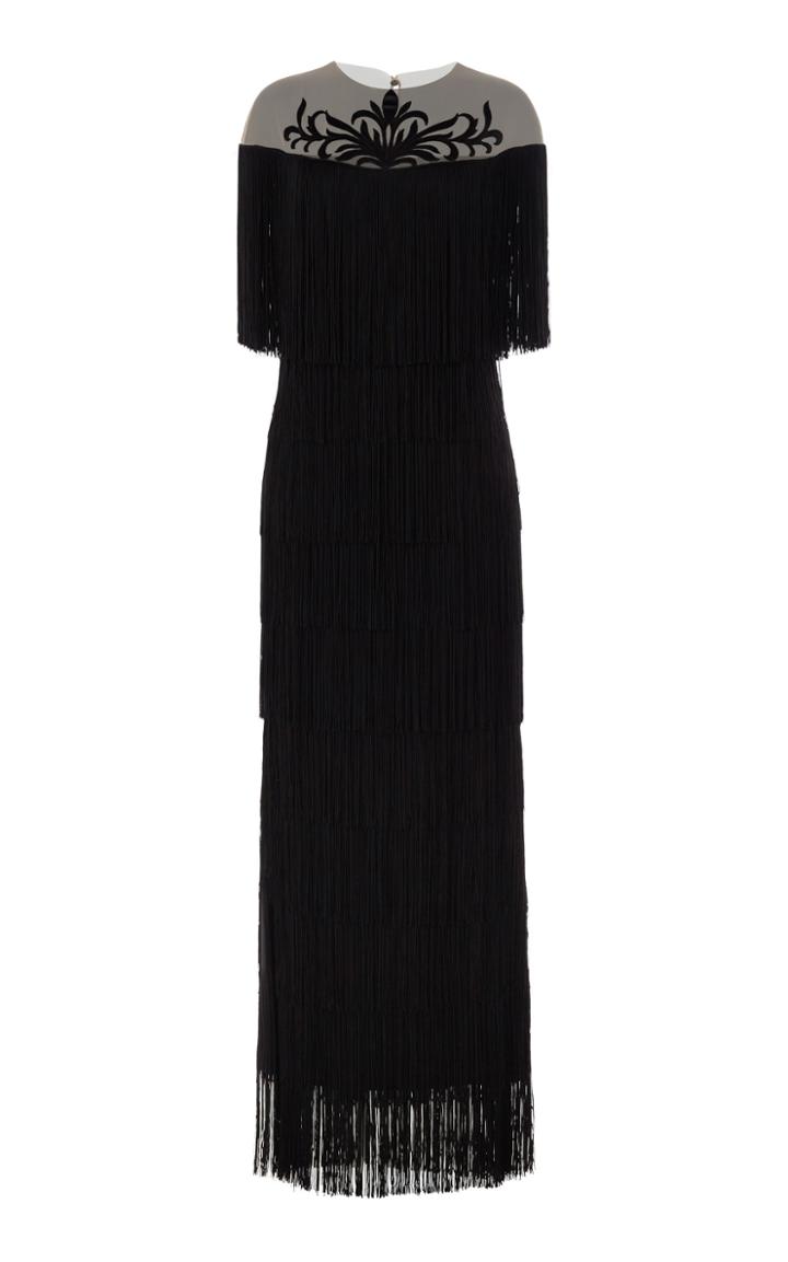Yanina Demi Couture Tiered Fringe Floor Length Dress