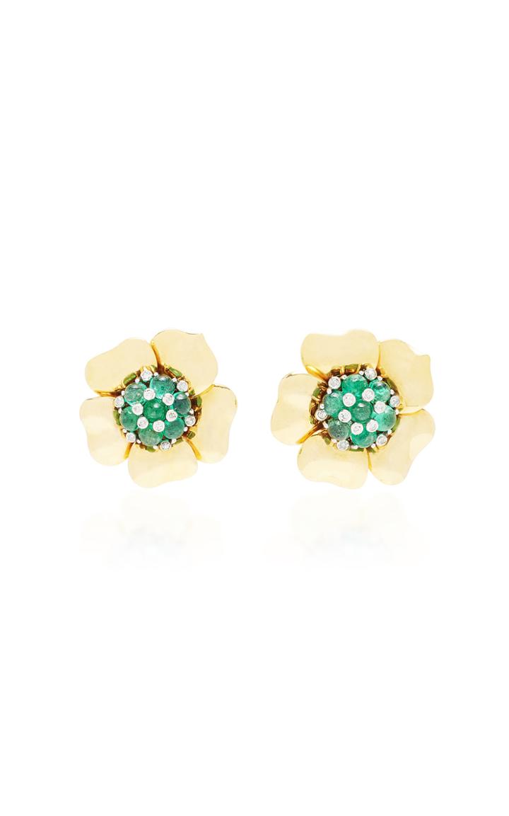 Mahnaz Collection Limited Edition 18k Gold And Emerald Flower Earrings By Trabert & Hoeffer- Mauboussin C.1940.