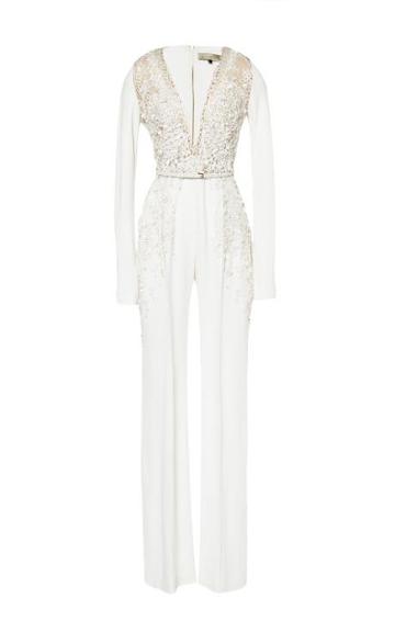 Elie Saab Embroidered White Stretch Cady And Lace Jumpsuit White