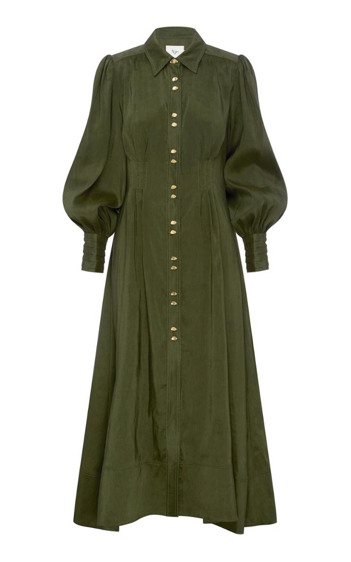 Moda Operandi Aje Oxidized Pleated Linen-silk Shirt Dress