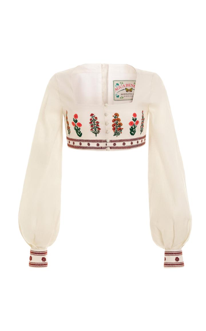 Moda Operandi Agua By Agua Bendita Pera Dahlia-embroidered Linen Crop Top