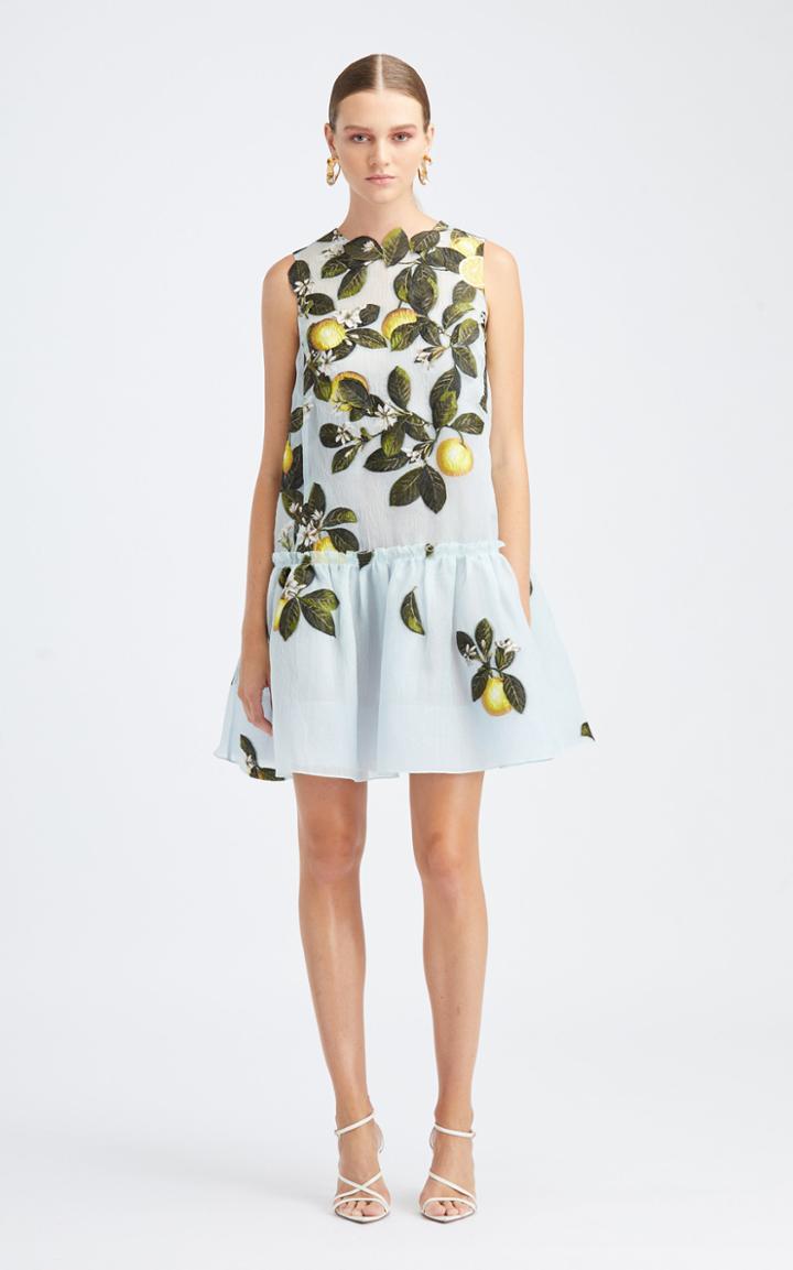 Moda Operandi Oscar De La Renta Lemon Print Silk-blend Peplum Hem Dress