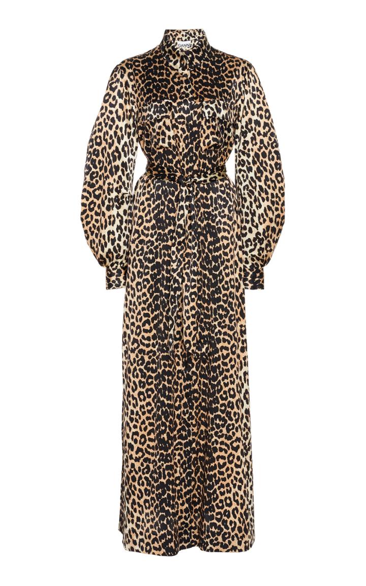 Ganni Leopard Silk Satin Shirtdress