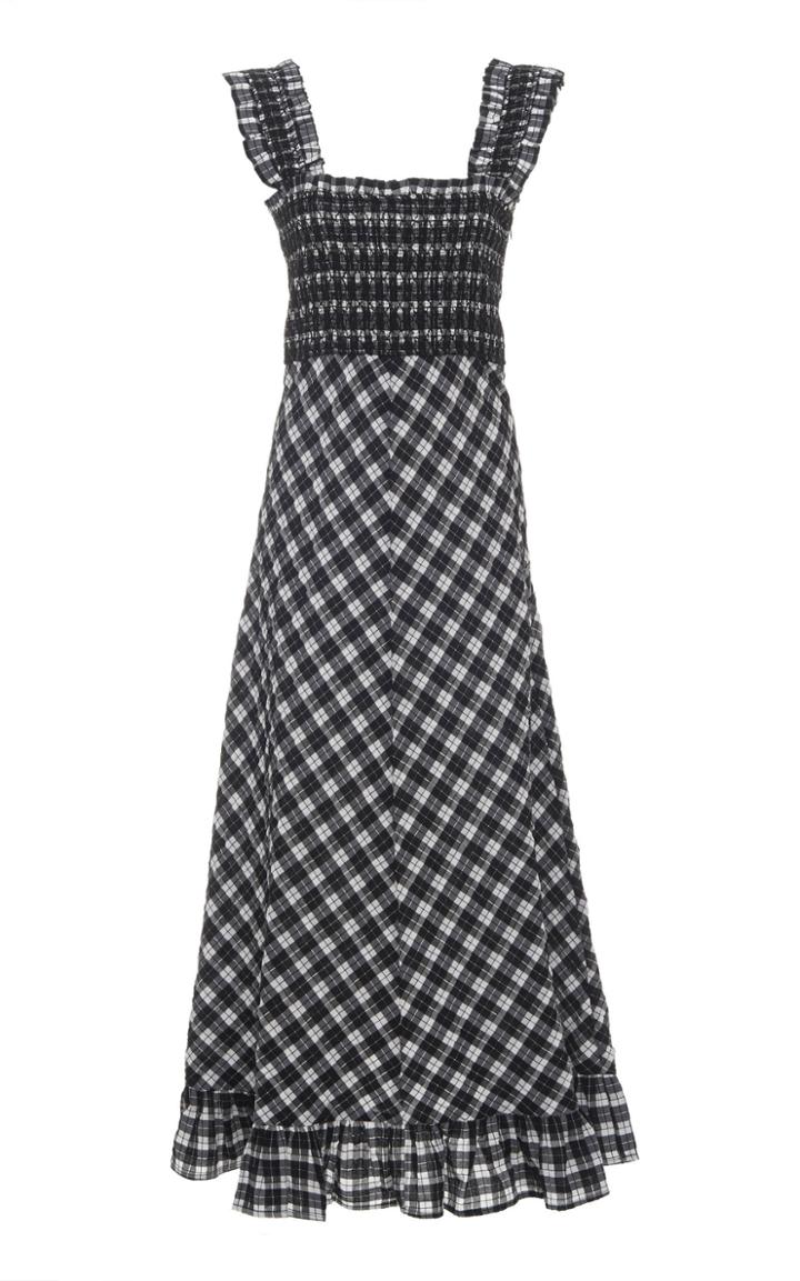 Ganni Smocked Seersucker Check Midi Dress