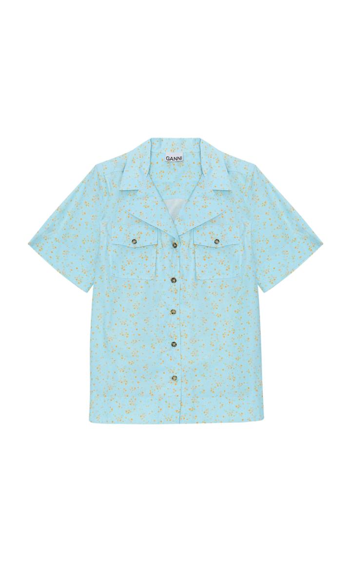 Moda Operandi Ganni Printed Cotton Poplin Short Sleeve Button-up Shirt