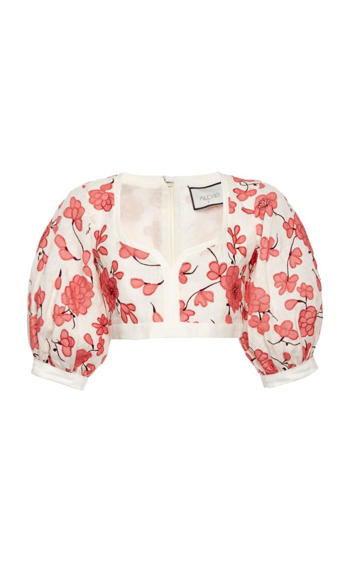Alexis Jaska Cropped Floral-embroidered Linen Top
