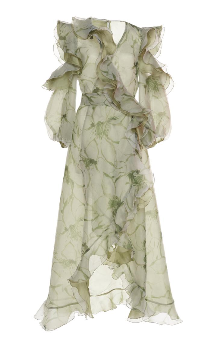 Costarellos Ruffled Printed Organza Wrap Dress