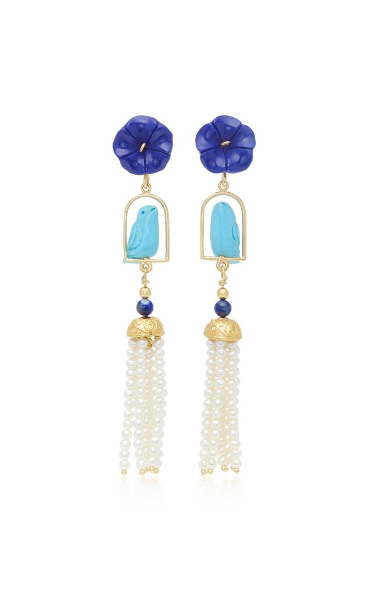 Of Rare Origin Swingers 18k Yellow Gold Vermeil Lapis Turquoise And Pearl Earrings