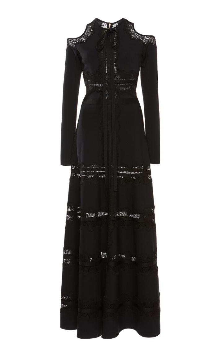 Elie Saab Cold Shoulder Lace Inset Knit Maxi Dress