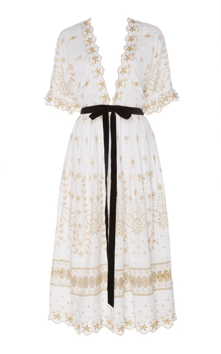 Loveshackfancy Augusta Embroidered Poplin Midi Dress Size: 0