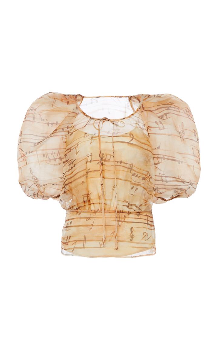 Moda Operandi Moschino Printed Silk Puffed Sleeve Sheer Silk Top Size: 36