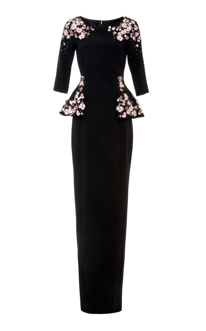 Pamella Roland Stretch Crepe Gown With Laser Cut Mirror Embroidered Flowers