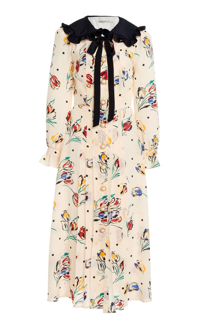 Moda Operandi Alessandra Rich Floral Silk Dress With Pleated Front & Ruffle