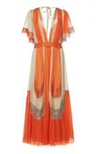 Alberta Ferretti Chiffon V-neck S/s Gown With Embroidered Detail