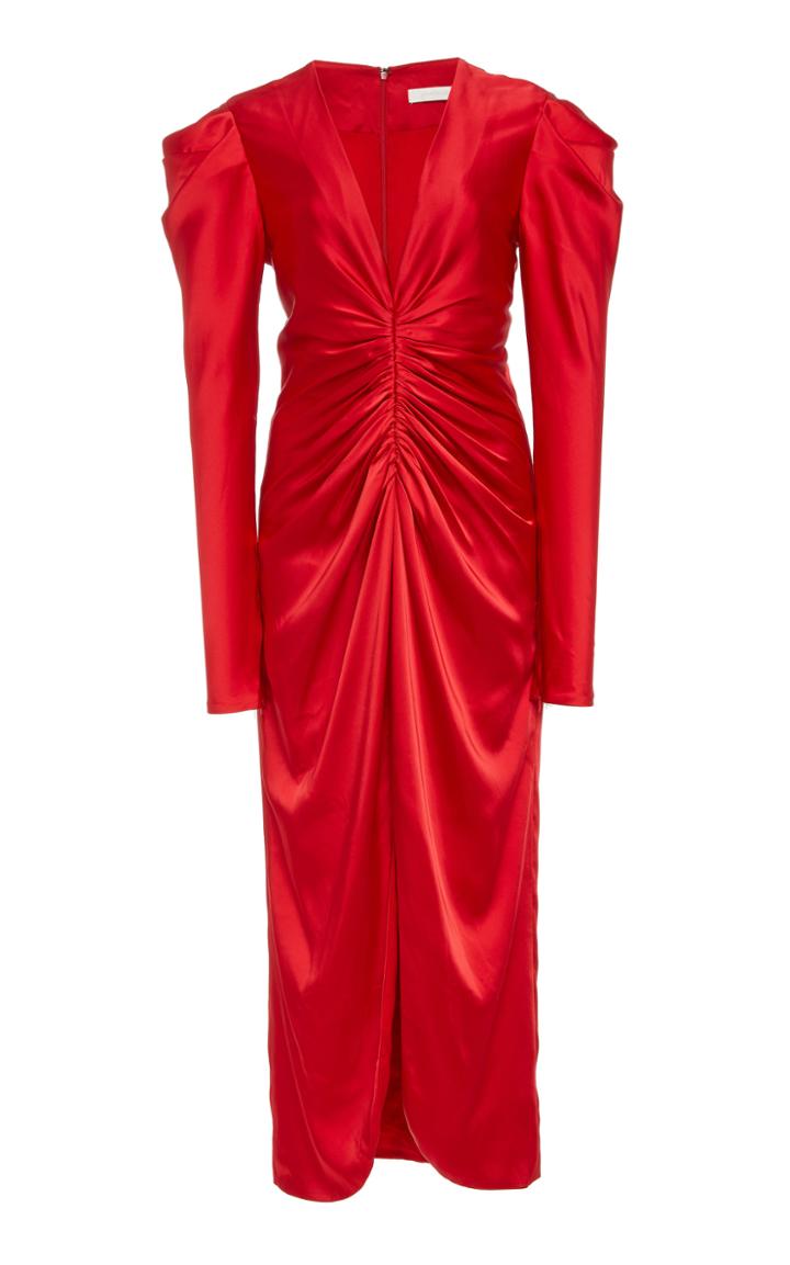 Jonathan Simkhai Slit Ruched Satin Midi Dress