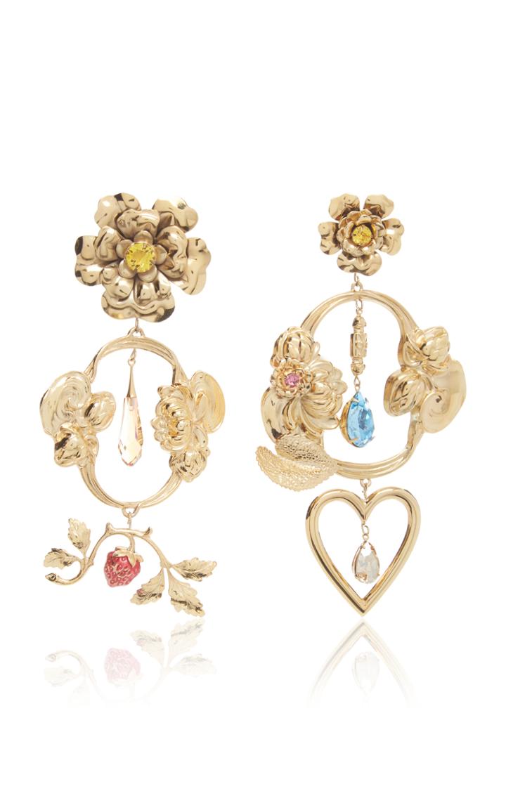 Rodarte Gold Baroque Floral And Heart Dangle Earrings With Swarovski Crystal Details