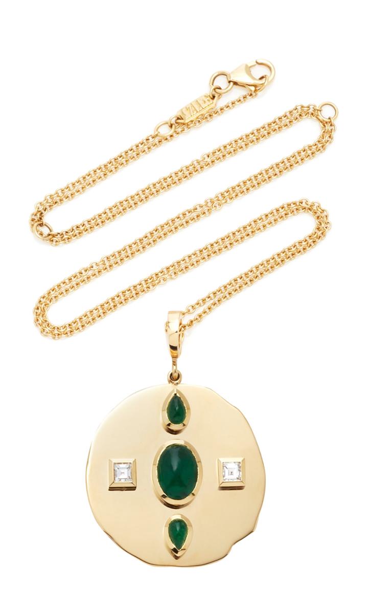 Moda Operandi Azlee Modern Byzantine Emerald And Diamond Large Coin Necklace
