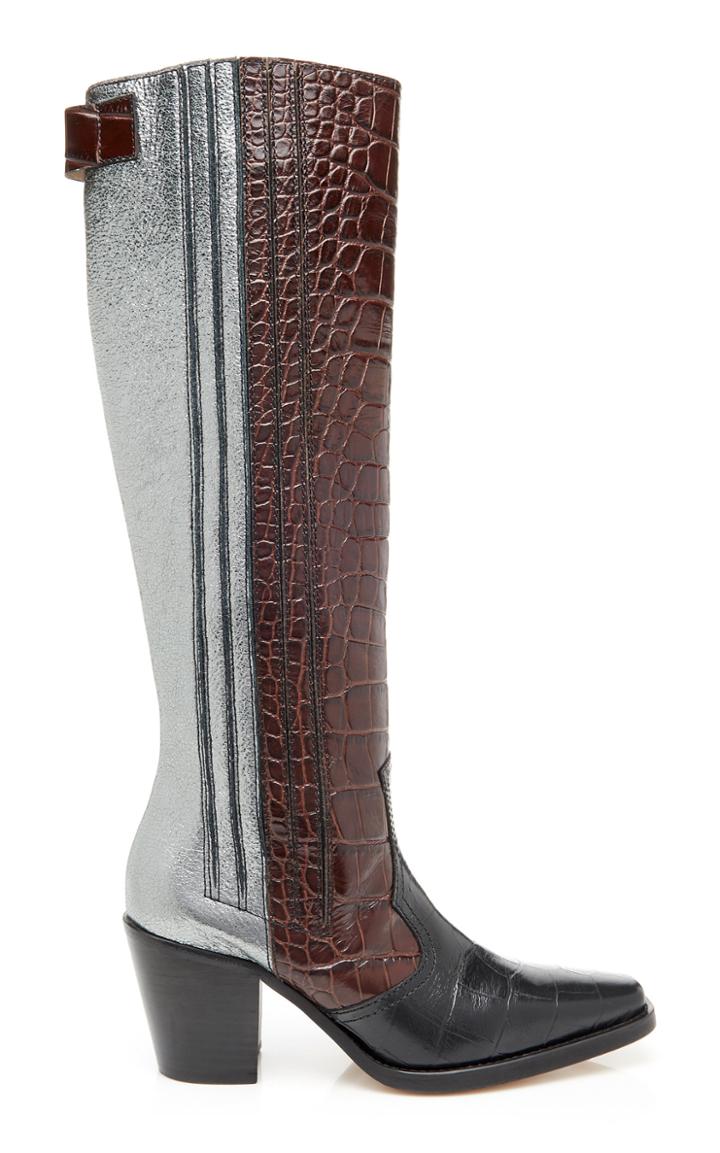 Ganni Paneled Croc-effect Leather Knee Boots Size: 36