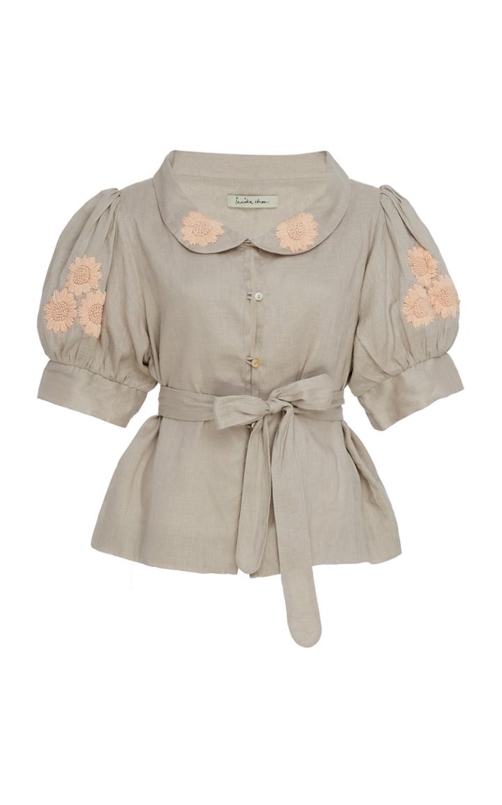 Innika Choo Aya Donvair Bow-detailed Floral-embroidered Linen Top