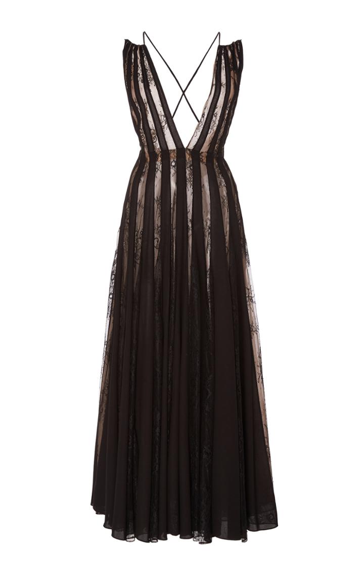 Oscar De La Renta Lace-paneled Pleated Chiffon Maxi Dress Size: 2