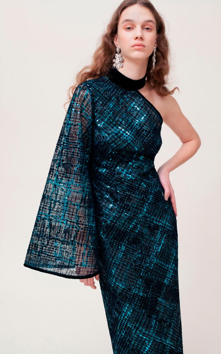 Moda Operandi Sandra Mansour Eau Marine Sequined Velvet Midi Dress
