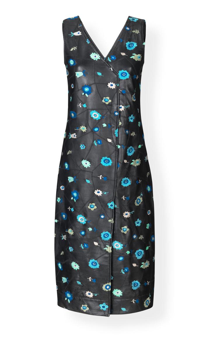 Ganni Exclusive Patchwork-effect Floral-embroidered Leather Dress