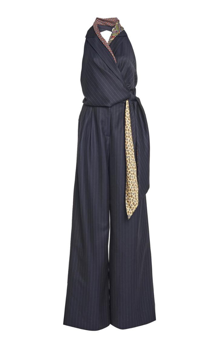 Moda Operandi By Any Other Name Pinstriped Wool Wrap Halter Jumpsuit