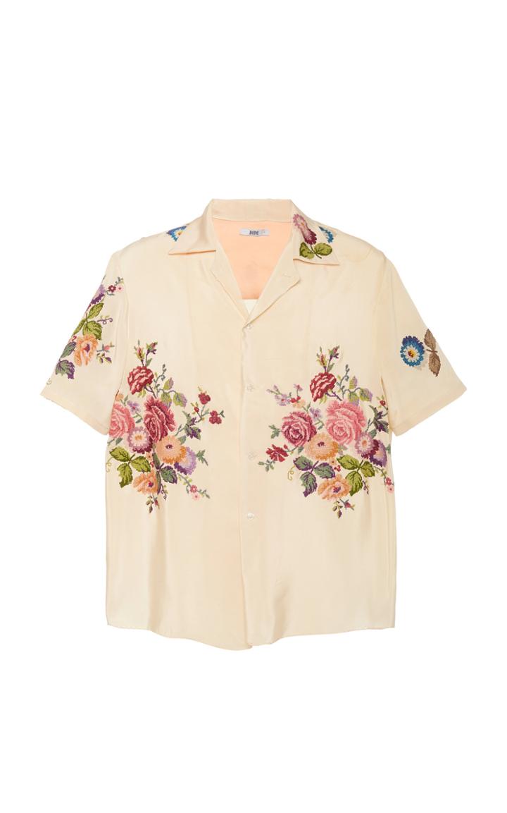Bode Camp-collar Floral-embroidered Silk Shirt