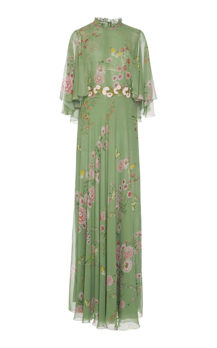 Giambattista Valli Rose-print Cape-back Silk-chiffon Gown