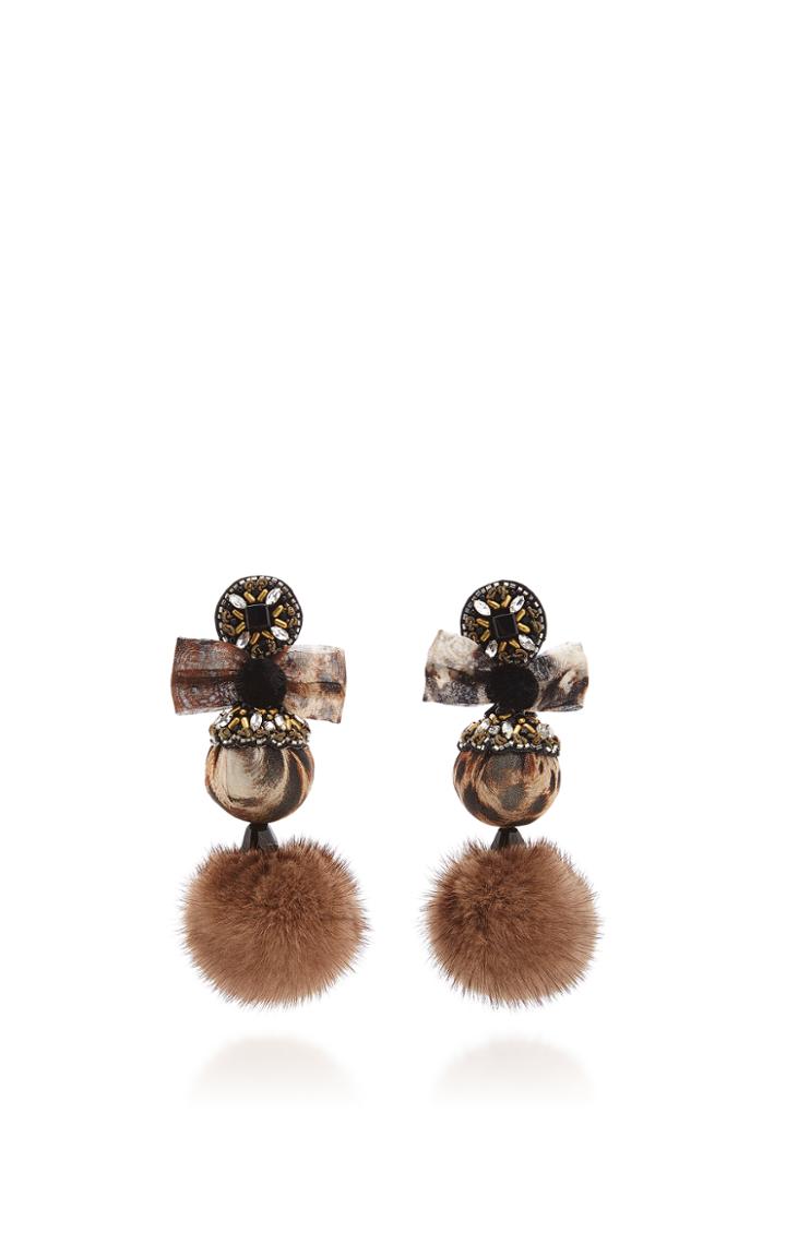 Ranjana Khan Beige Leopard Ball Fur Pom Earrings