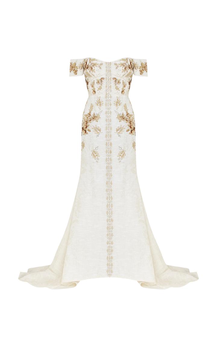 Razan Alazzouni Embellished Jacquard Off The Shoulder Gown