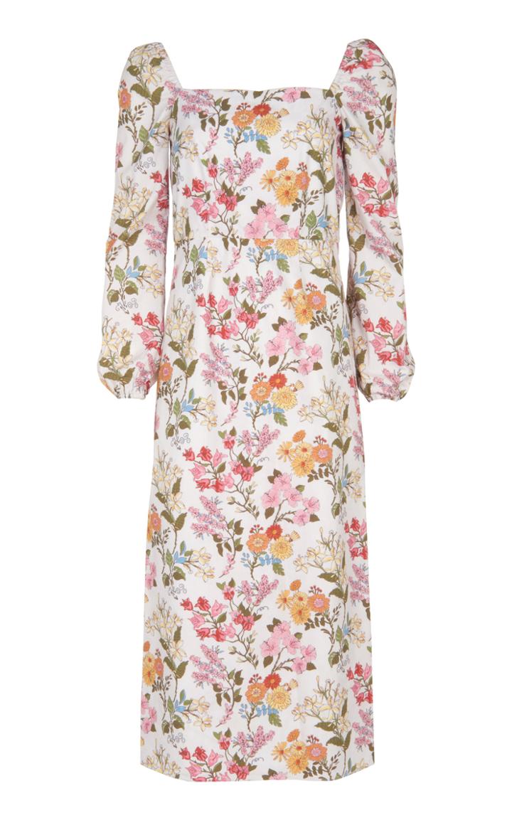 Moda Operandi Coco Shop Puff-sleeve Floral Cotton Midi Dress