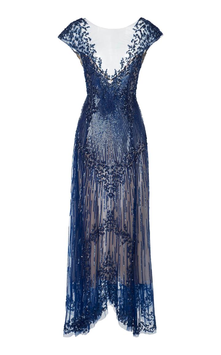Monique Lhuillier Embellished Silk Chiffon Cap Sleeve Dress