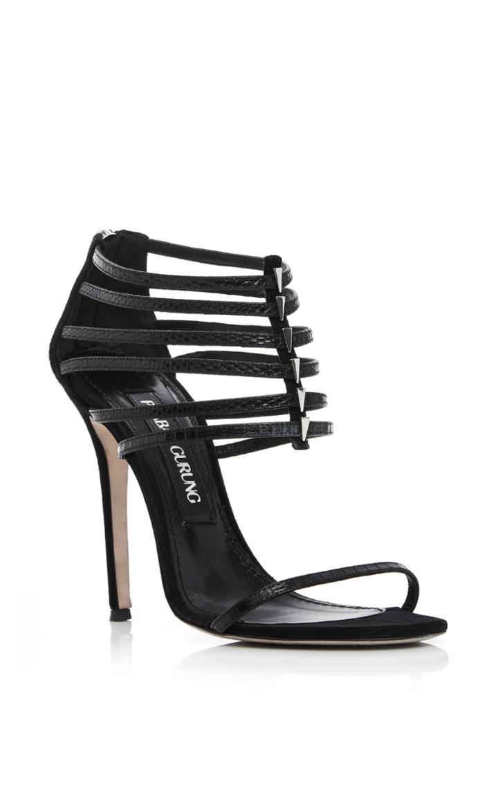 Prabal Gurung Black Lizard Leather Multi Strap Sandals