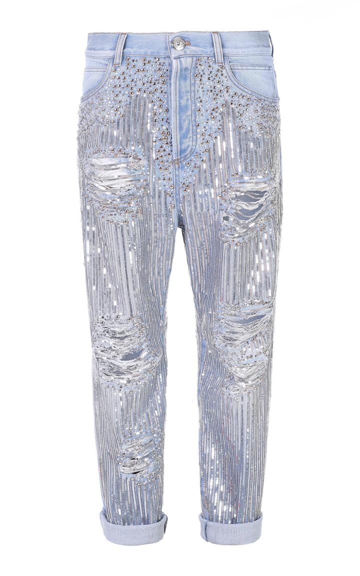 Balmain Studded Sequined Distressed Boyfriend Jeans