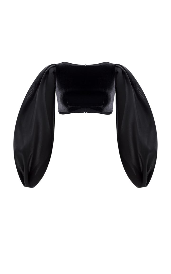 Rasario Puff Sleeve Organza And Velvet Crop Top