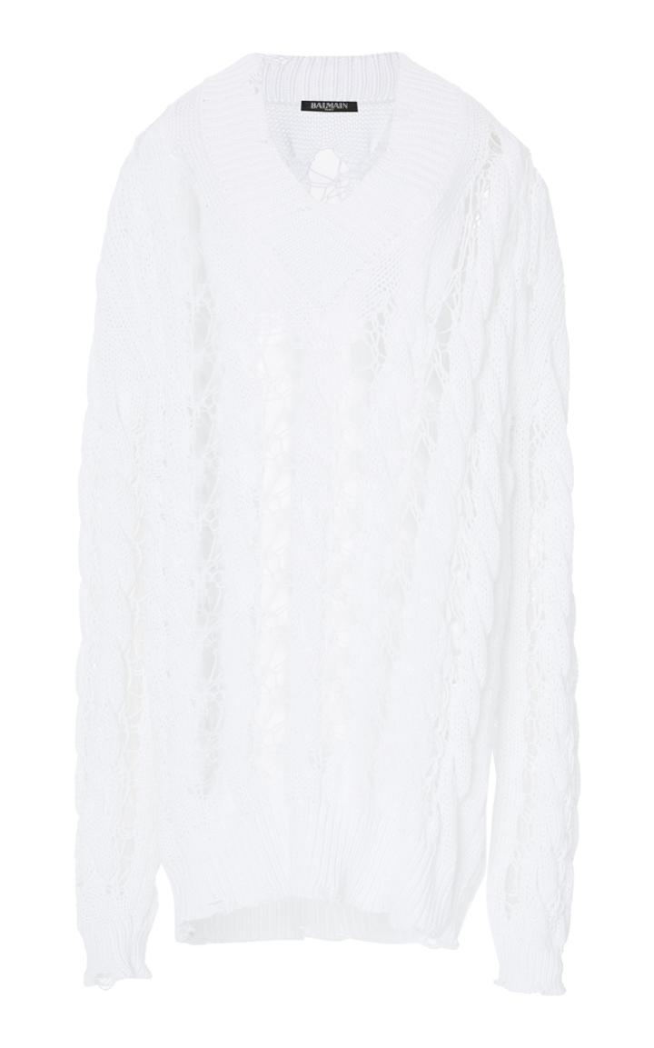 Balmain V-neck Cable-knit Cotton Sweater