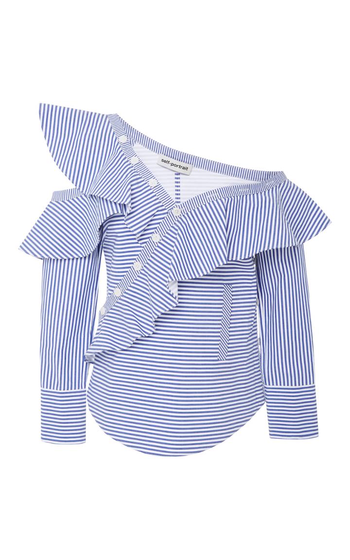 Self Portrait Ruffled Striped Cotton-poplin Top