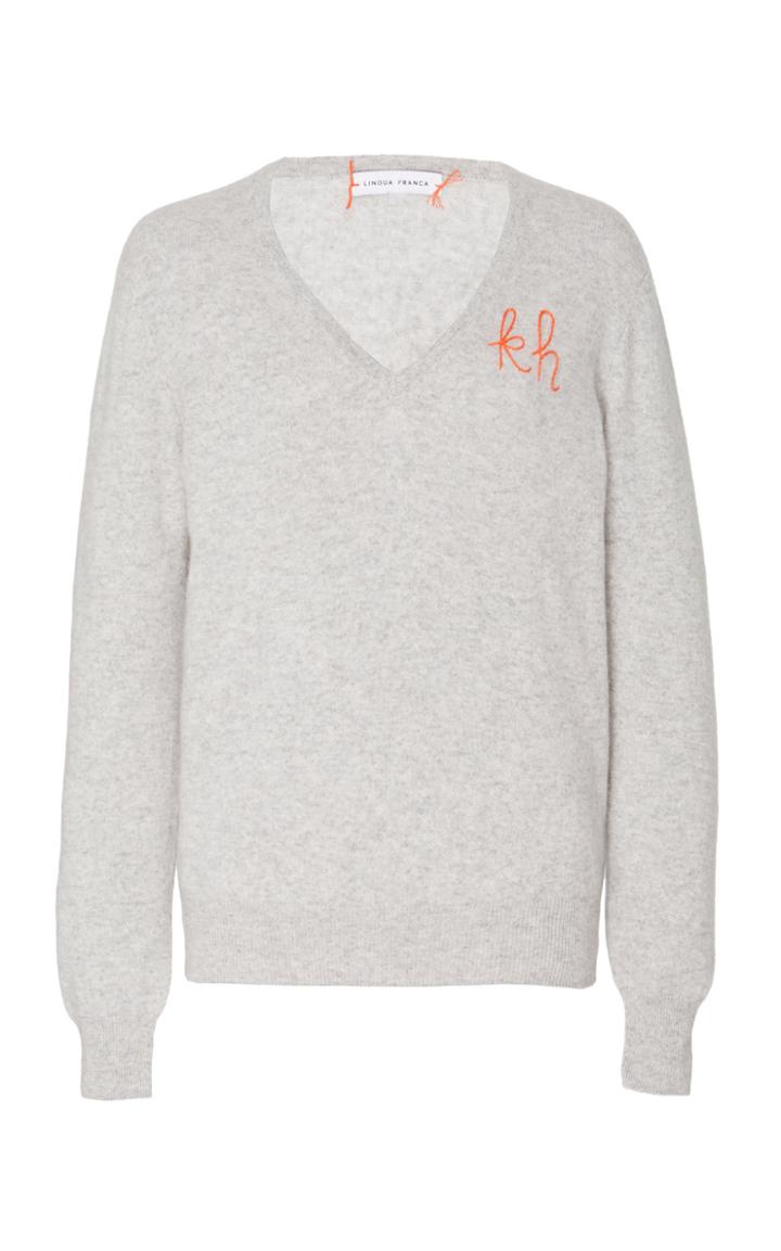 Moda Operandi Lingua Franca Monogrammed Cashmere V-neck Sweater With Poppy Thread Si