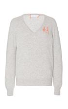 Moda Operandi Lingua Franca Monogrammed Cashmere V-neck Sweater With Poppy Thread Si