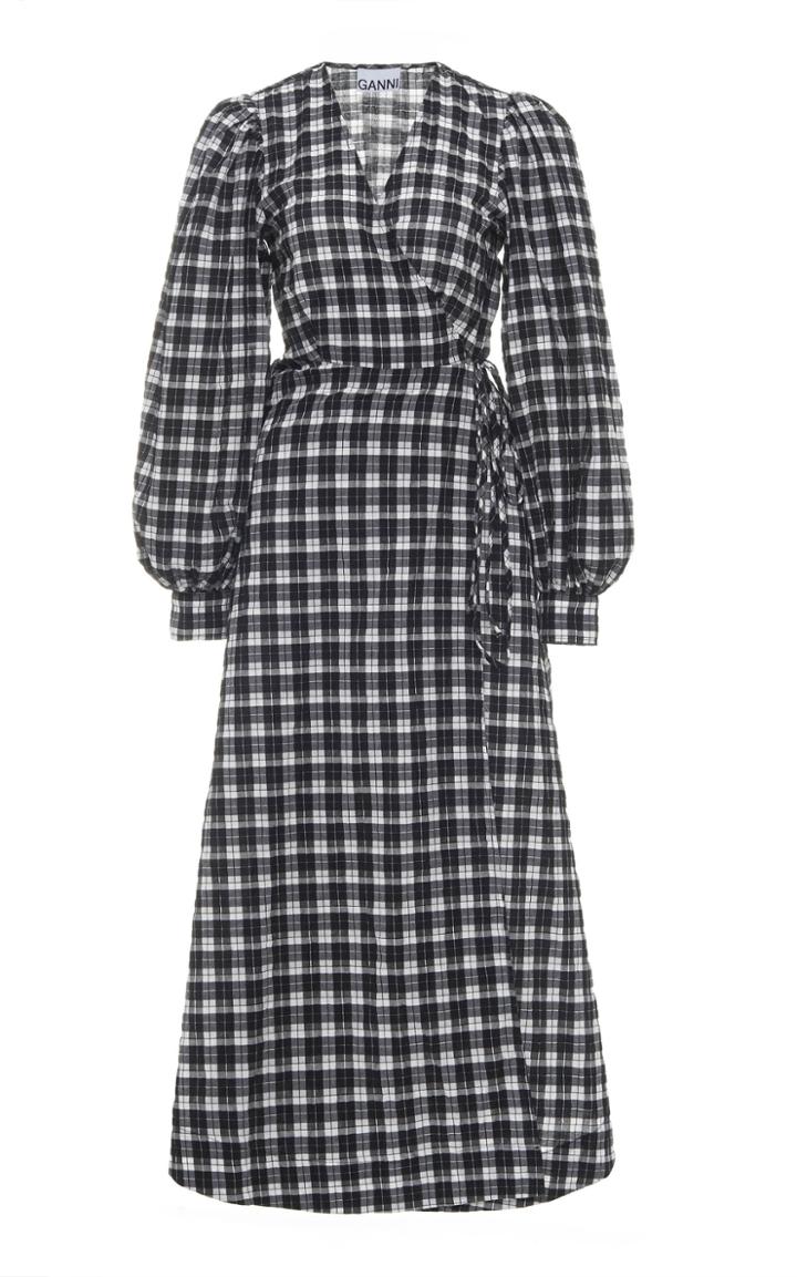 Ganni Checked Seersucker Wrap Midi Dress