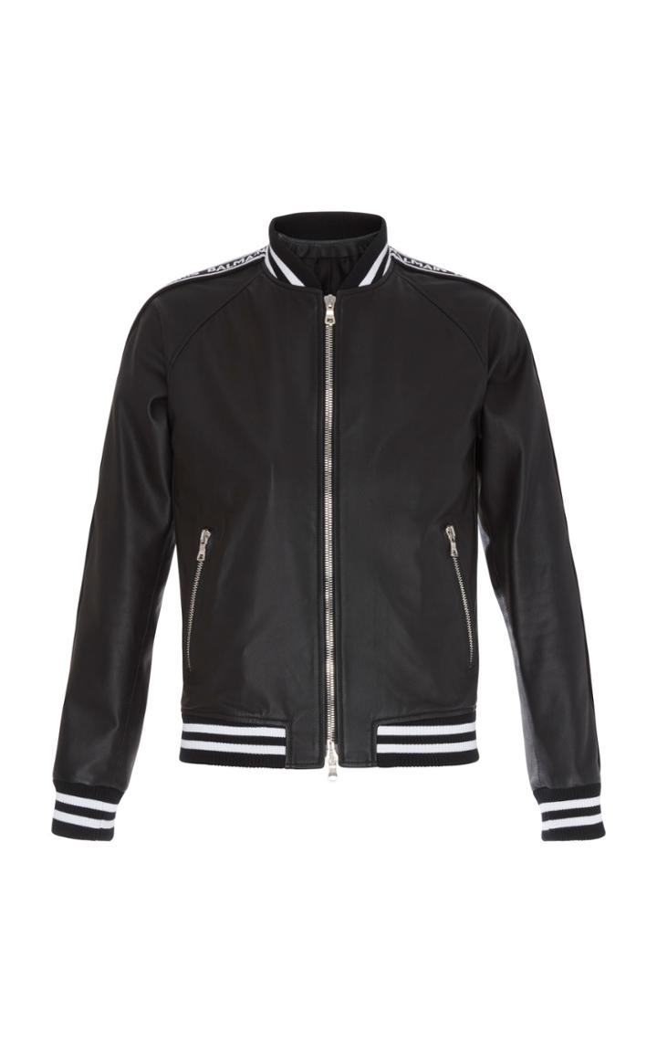 Balmain Logo Leather Bomber Jacket