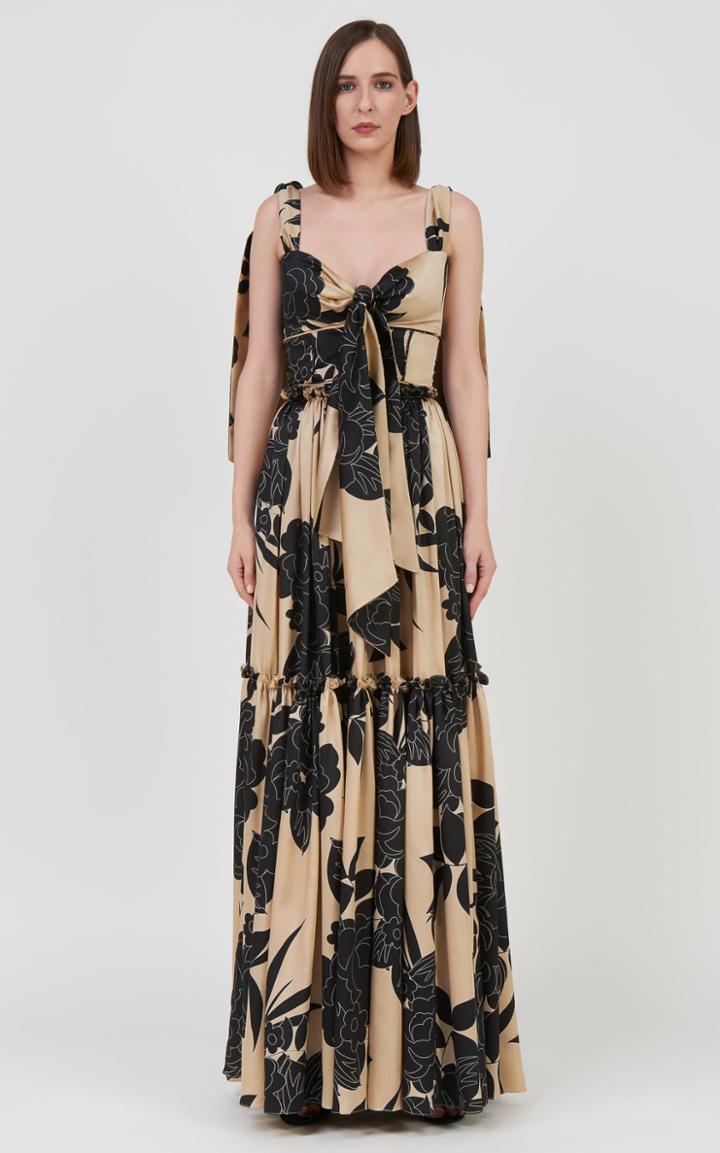 Moda Operandi Costarellos Oria Ruffled Floral Satin Tiered Maxi Skirt