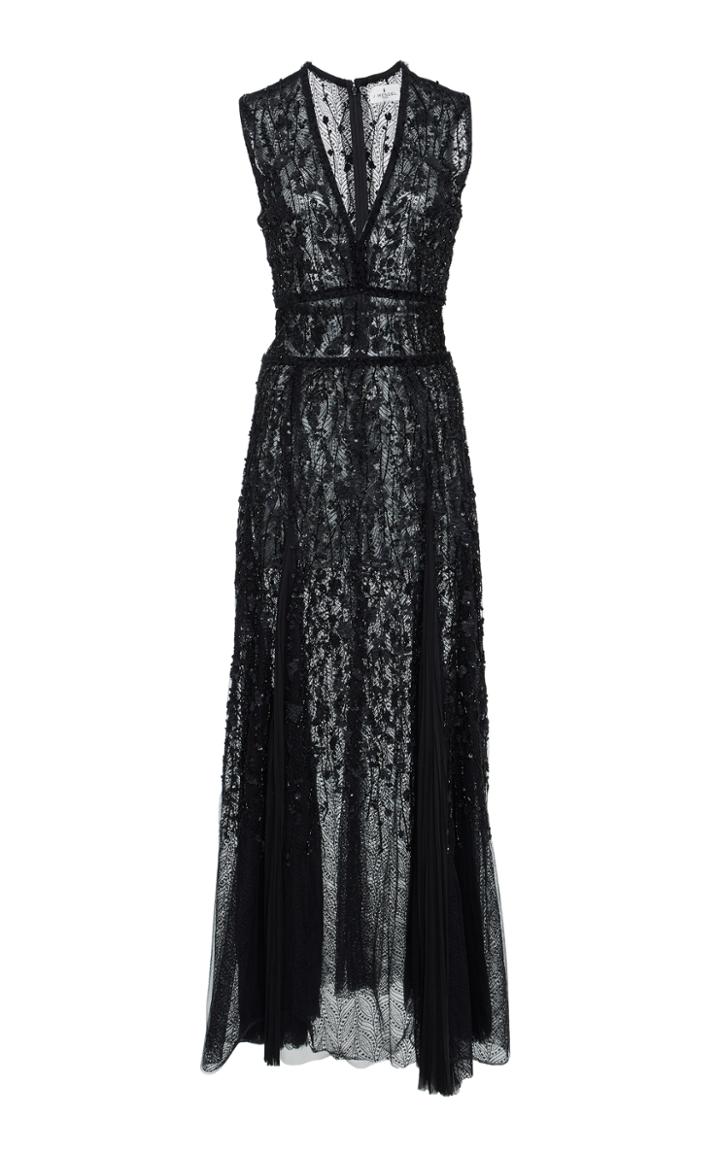 J. Mendel Embroidered Tea Length Cocktail Dress With Hand Pleated Insets