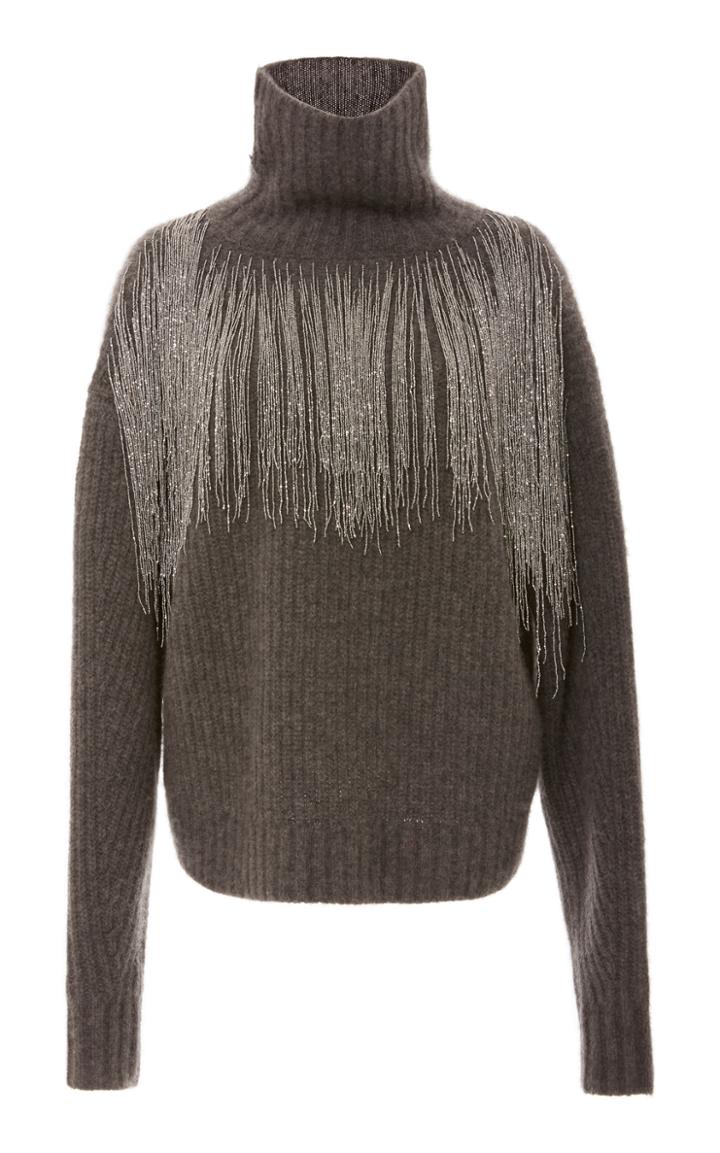 Sally Lapointe Airy Turtleneck Sweater With Beaded Fringe