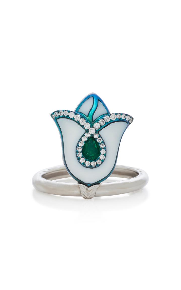 Saboo 18k White Gold Diamond And Emerald Ring