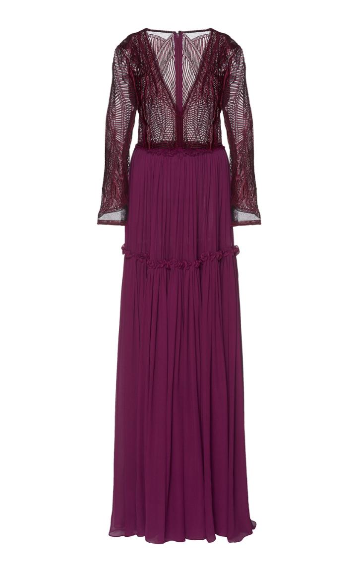 Costarellos Grid Lace Bodice Gown